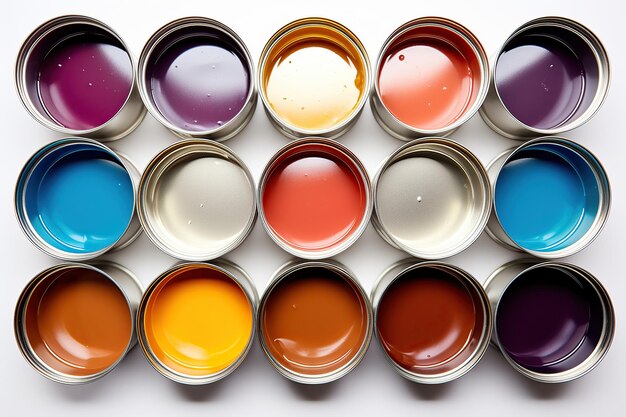 Metal cans with colorful paints on white background