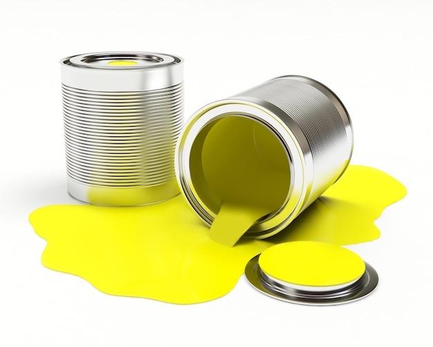写真 白い背景に分離された黄色のペンキをこぼした金属缶。 3dイラスト
