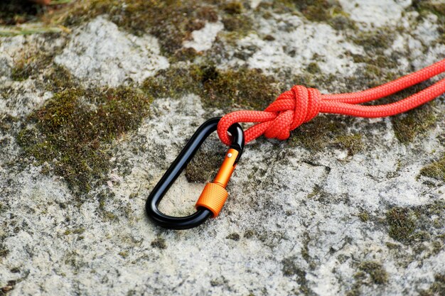 Metal carabine for mountaineering Photo of colored carabines Climbing concept