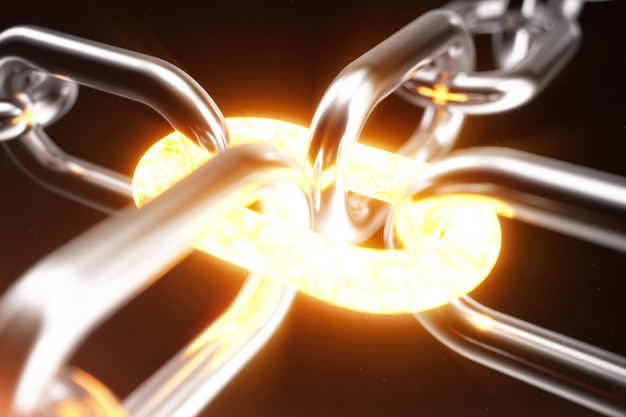 The metal chain is connected with the red-hot link, power concept. 3d illustration