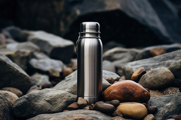 Metal clean camping thermos on stones Closeup of an iron flask outdoors