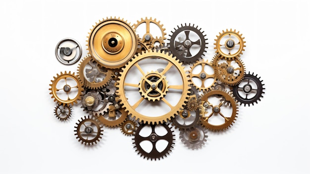 Metal collage of clockwork gears isolated on white