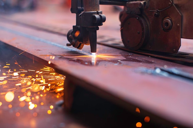 Metal cutting spark on tank bottom steel plate with flash of cutting light close up in side confined space.