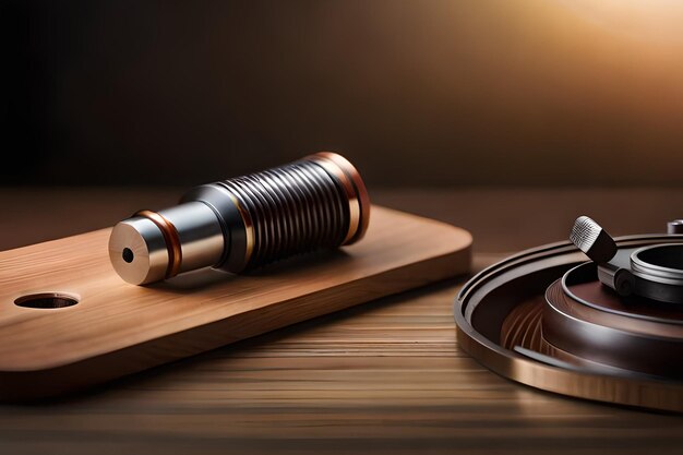 A metal cylinder sits on a wooden board next to a pair of metal rings.