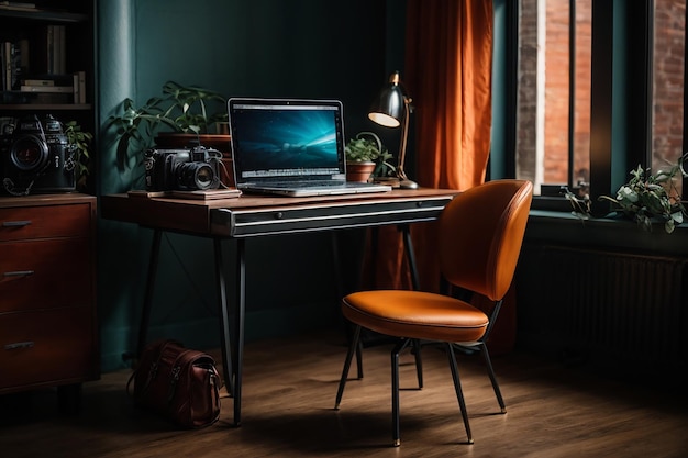 Metal desk with laptop and chair