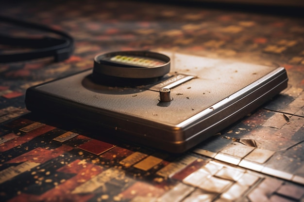 Photo a metal device with a button on it sits on a tiled surface.