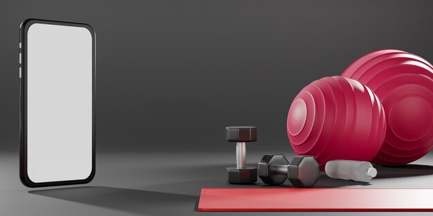 Metal dumbbell, fit ball, yoga mat and drinking water bottle with black screen mobile