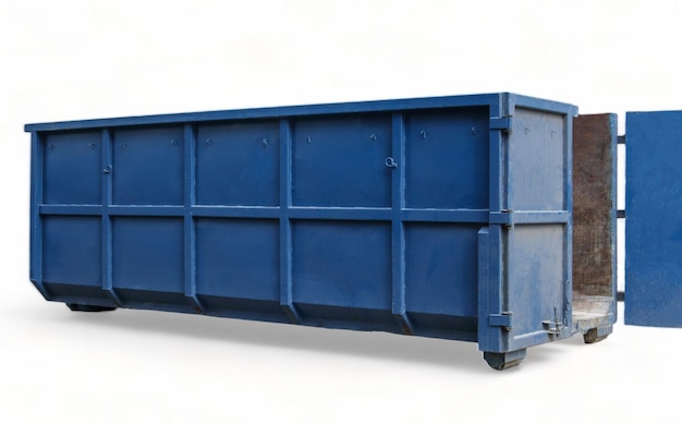 사진 금속 내구성 파란색 산업 쓰레기통은 하 배경에 고립 된 거리 쓰레기를 위해 가정 및 산업 쓰레기를위한 큰 강철 바구니 집 리모델링을위한 건설 쓰레기 컨테이너