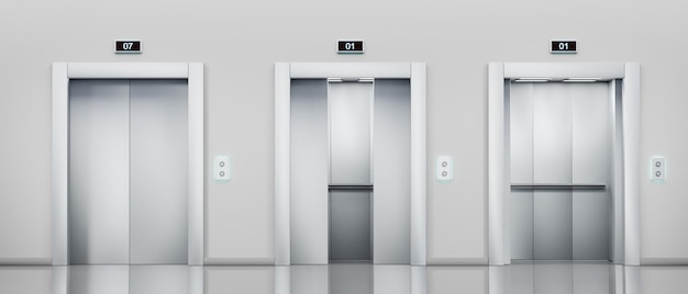 복도에 닫힌 열림 및 열린 리프트 문이 있는 금속 엘리베이터 현실적인 빈 사무실 로비 내부 호텔 또는 은색 캐빈 버튼 패널이 있는 대기 공간 및 벽 3d 렌더에 표시
