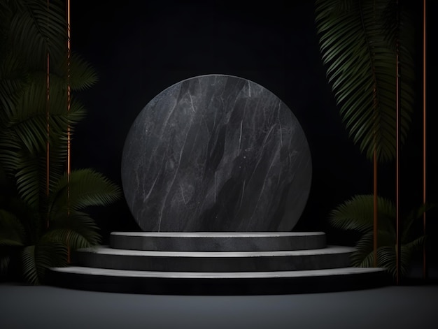 Metal exhibition platform booth base marble glass and natural plants 3D rendering