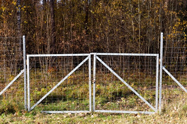 Metal fences near the forest, which protect and ensure the safety of animals from the carriageway, a part of the fence that delimits the forest and the road