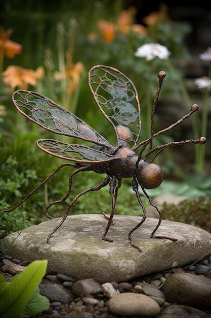 A metal fly sculpture in a garden