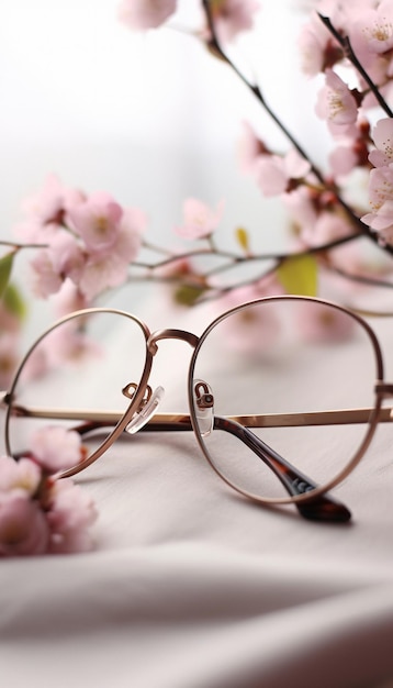 Metal frame of glasses and flowers on the table generative ai
