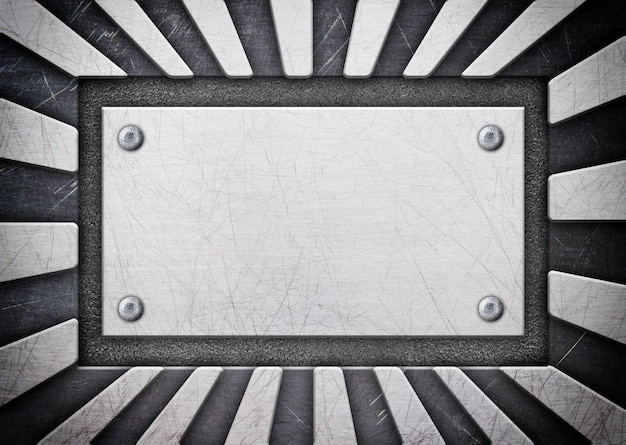 Photo metal frame with rivets, striped plate as background, illustration 3d