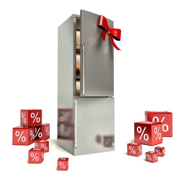 Metal fridge with red bow and gifts