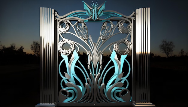 A metal gate with a flower design on it.