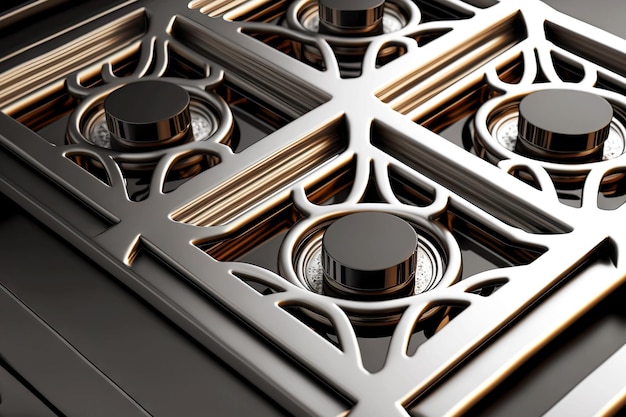 Metal grille and burners on uer surface of gas kitchen stove