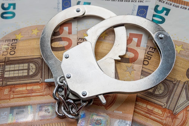 metal handcuffs against the background of the cash currency euro The concept of bribery or criminal money