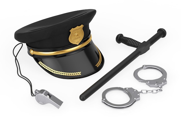 Photo metal handcuffs, black rubber police baton or nightstick, police whistle and police officer hat with golden badge on a white background. 3d rendering