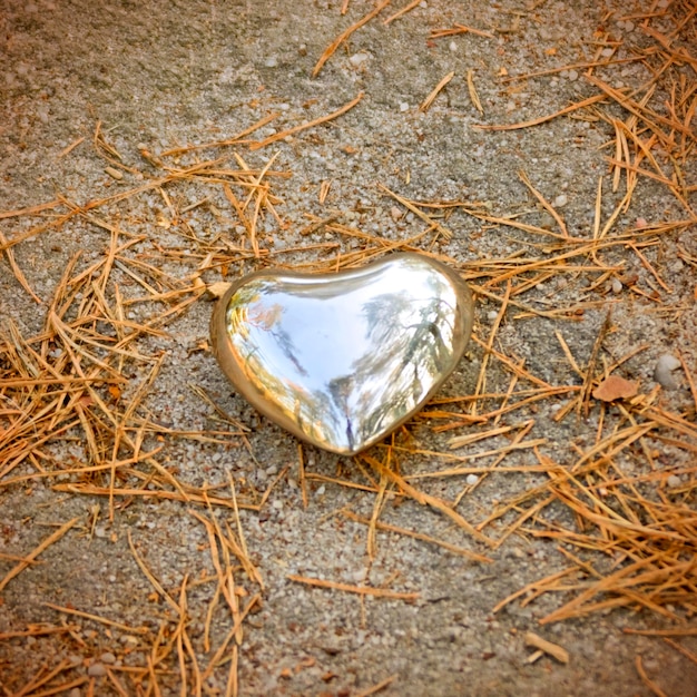 Metal heart on a stone background with yellow grass Toned