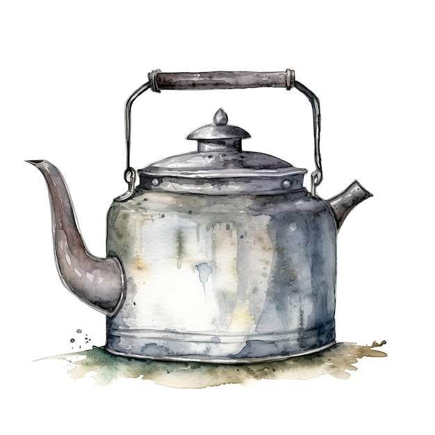 Photo metal kettle for boiling water watercolor illustration on white background