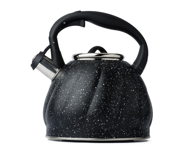 Photo metal kettle for gas stove on white