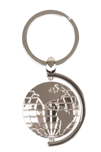 Metal Keychain as Earth Globe on a white background. 3d Rendering