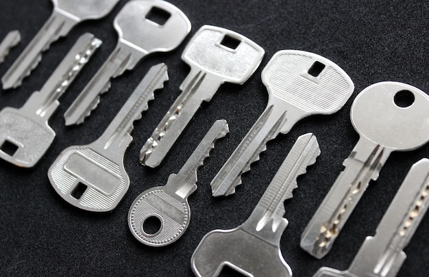 Photo metal keys with variety types of blade in a rows on black background