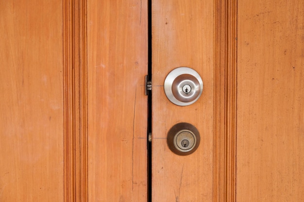 Metal knob on wooden door