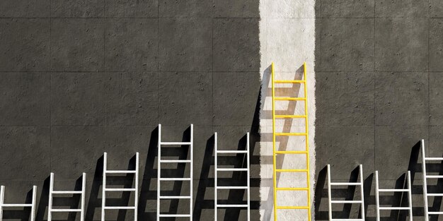 Photo metal ladders on black concrete wall with a golden ladder