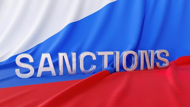 Metal letters spelling sanctions standing on a large Russian flag