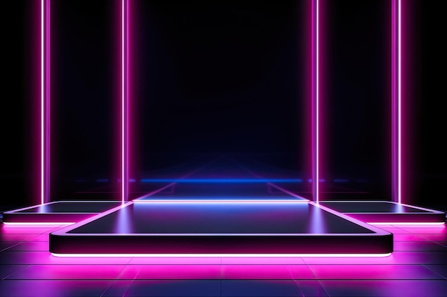 Metal lighting neon podium cyberpunk unreal city pink blue neon lasers stage product display background 3d illustration empty display showroom