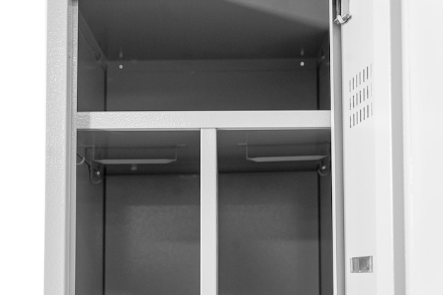 Metal lockers for locker room. change room metal locker box on\
the white background isolated