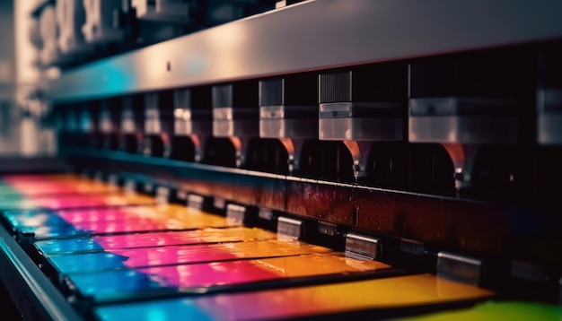 Photo metal machinery in a row illuminated by blue nightclub lights generated by artificial intelligence