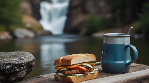 Metal mug with hot tea and sandwich on a small mountain forest stream