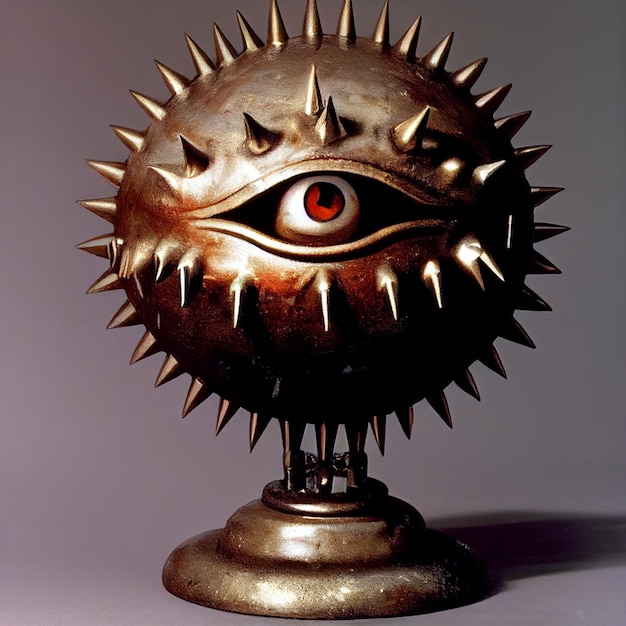 A metal object with a eyeball on it is on a table.