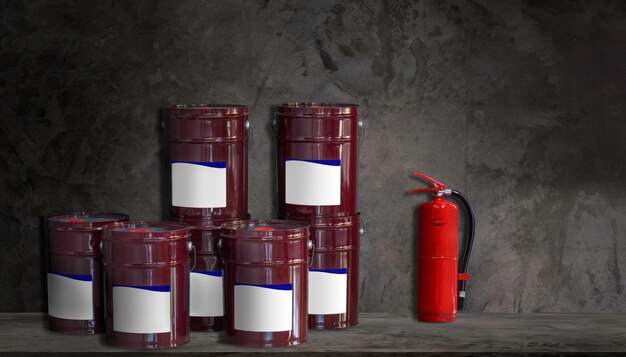 Фото Металлический бак для смазочных материалов 20 литров и вертикальный огнетушитель цвет красный изолированный на фоне цементной стены