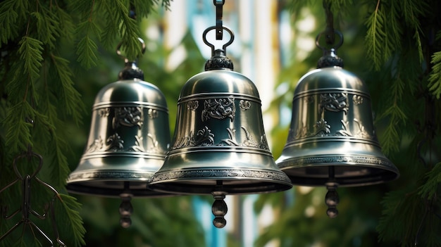 写真 オーソドックス教会の金属の鐘 - 緑の松の枝を背景にした教会の鐘は宗教的な要素の美しさと単純さを強調します