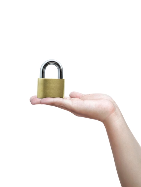 Photo metal padlock in hand isolated on white background