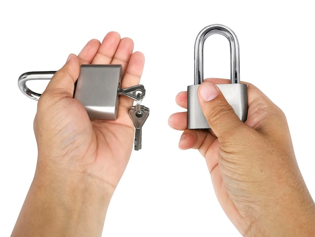 Metal padlock in hand isolated on white background