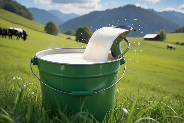 Foto metal pail holding milk on a backgound of grass