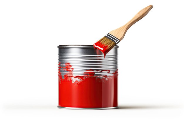 Photo metal paint can with red paint and paintbrush on white background