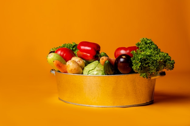 Металлический таз со свежими овощами. концепция экологически чистых сельскохозяйственных продуктов