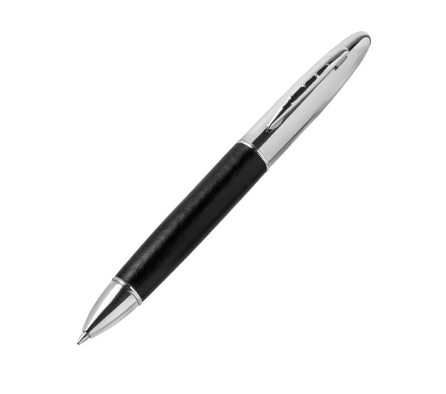 Metal pen isolated on white background. Black ballpoint pen cut out. Metallic disposable biro pen.