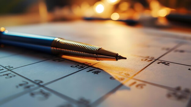 Metal pen on a paper desk calendar