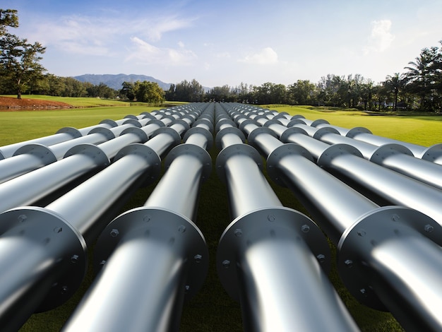 Metal pipeline with green field and blue sky background