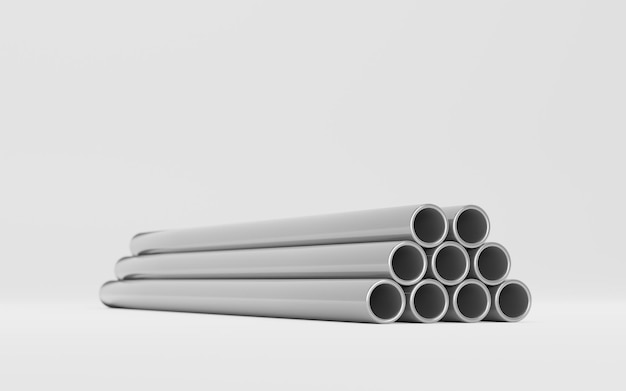 Metal pipes stack round straight aluminum stainless or pvc plumbing pipelines 3d illustration Galvanized parts for conducting factory or construction works steel tubes set on white background