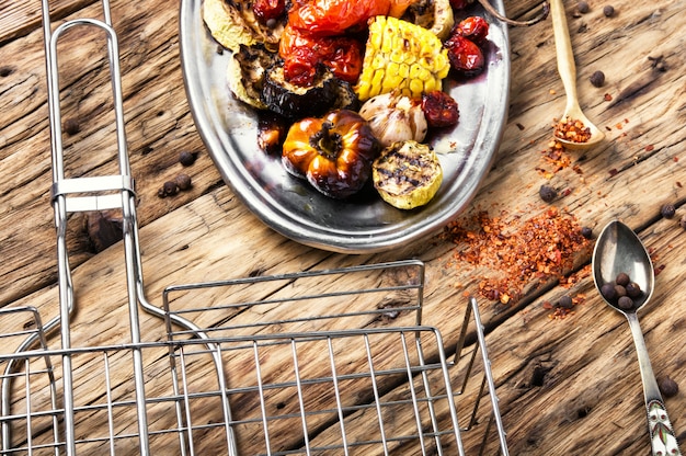 Metal plate with grilled vegetables