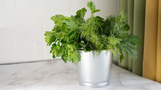 Metal pot with different herbs