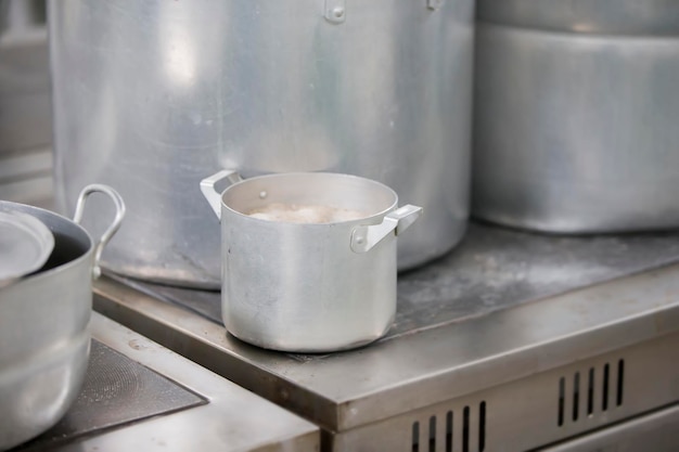 Metal pots on an industrial stove